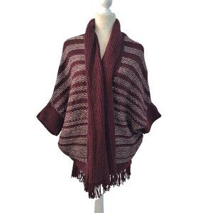 Lola Women's Burgundy Alpaca Blend Cozy Open Fringe Knit Cardigan  Sz M/L